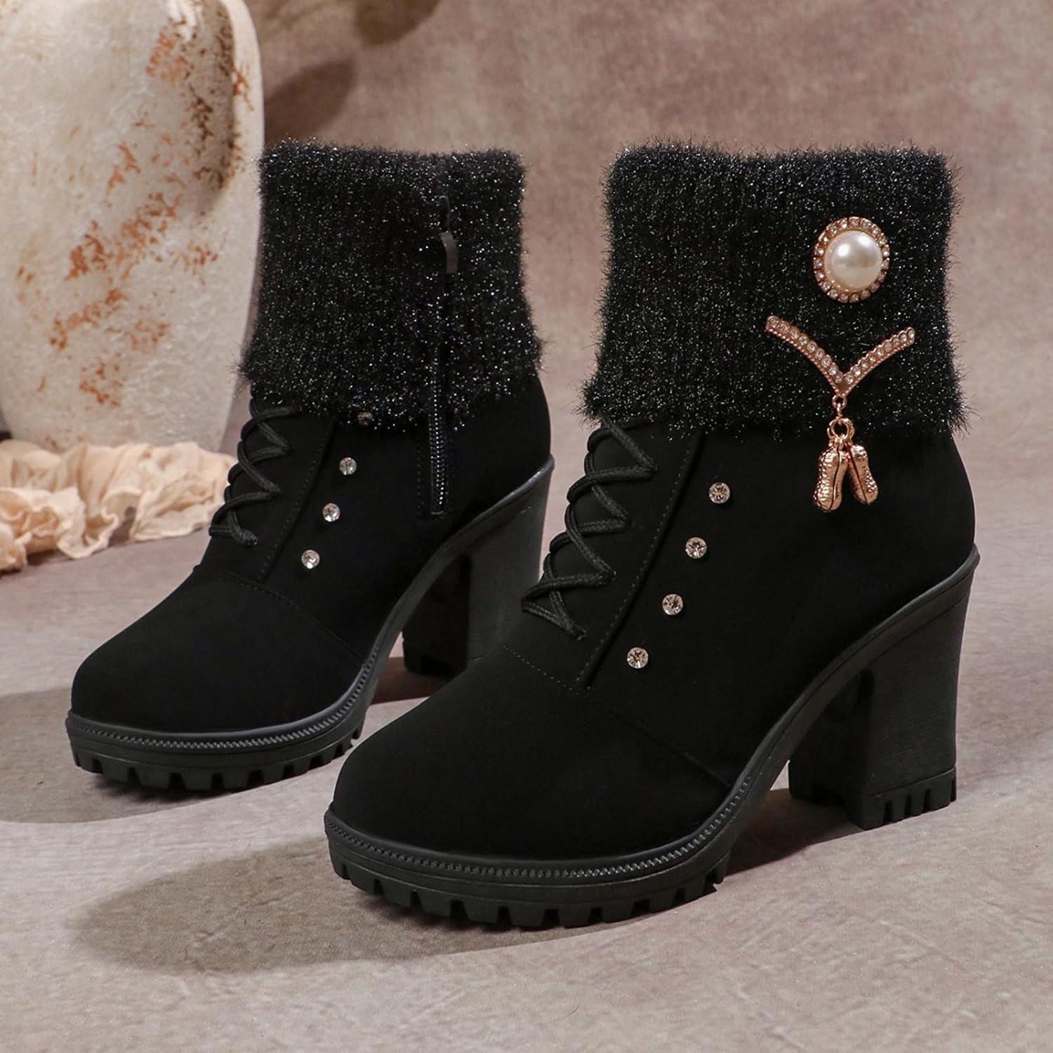 image:imageBottine Femme En Daim Talon lgant Bottines Doublure Polaire Avec Fermeture clair Et Lacets Bottes De Basses Chaud Hiver Confortables Chaussures Bottes Talons pais Boots De LoisirsLe Noir