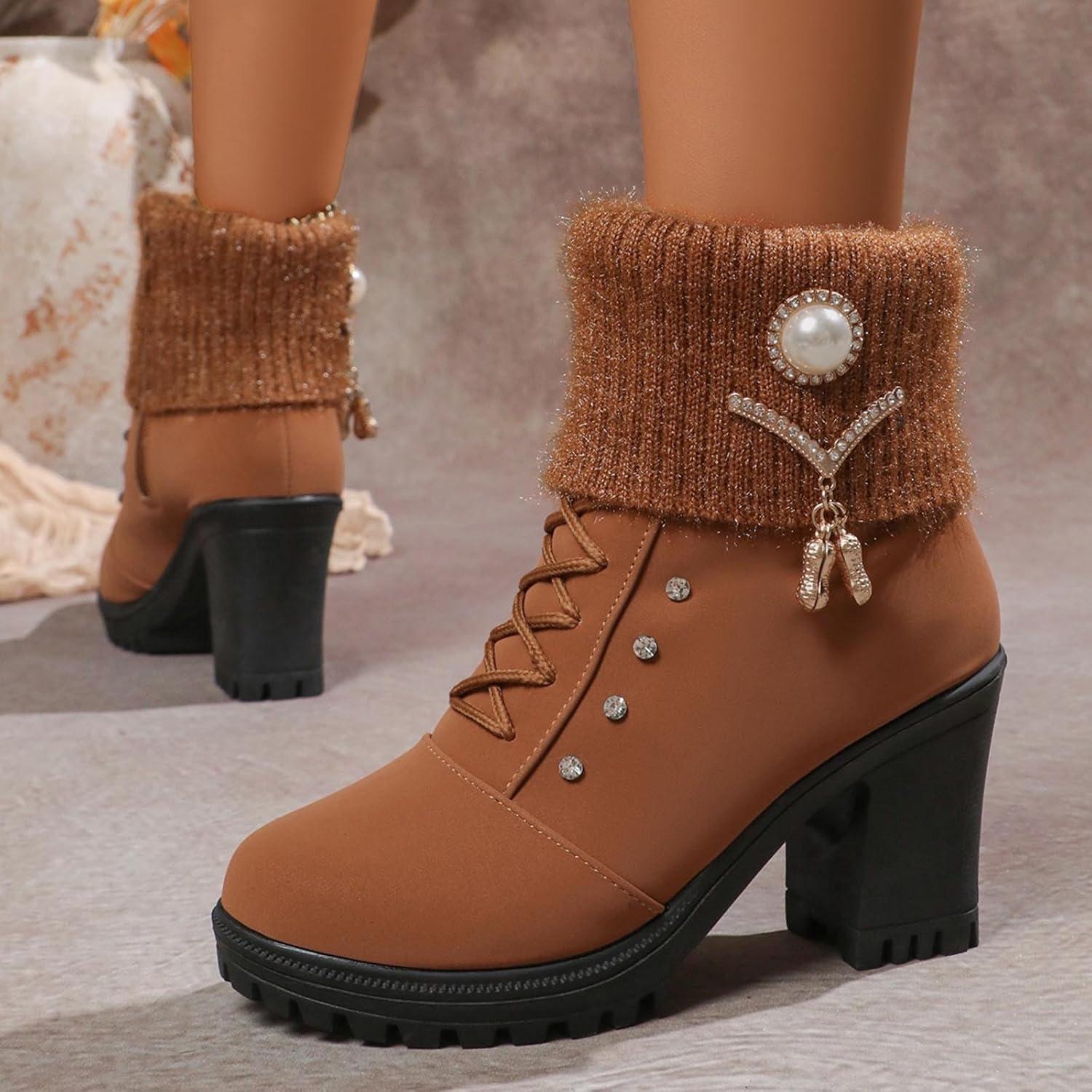 image:imageBottine Femme En Daim Talon lgant Bottines Doublure Polaire Avec Fermeture clair Et Lacets Bottes De Basses Chaud Hiver Confortables Chaussures Bottes Talons pais Boots De LoisirsBrun