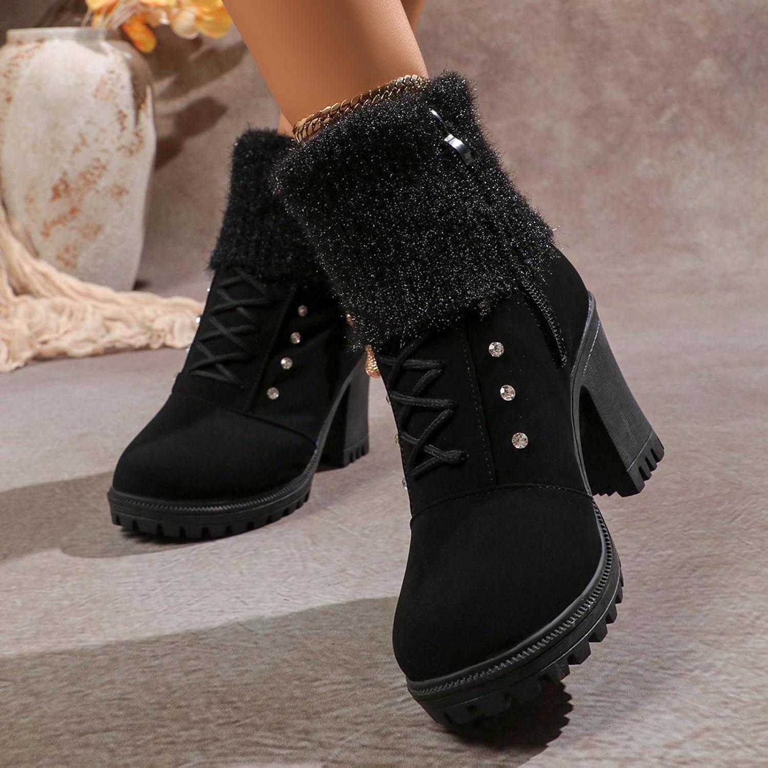 image:imageBottine Femme En Daim Talon lgant Bottines Doublure Polaire Avec Fermeture clair Et Lacets Bottes De Basses Chaud Hiver Confortables Chaussures Bottes Talons pais Boots De LoisirsLe Noir