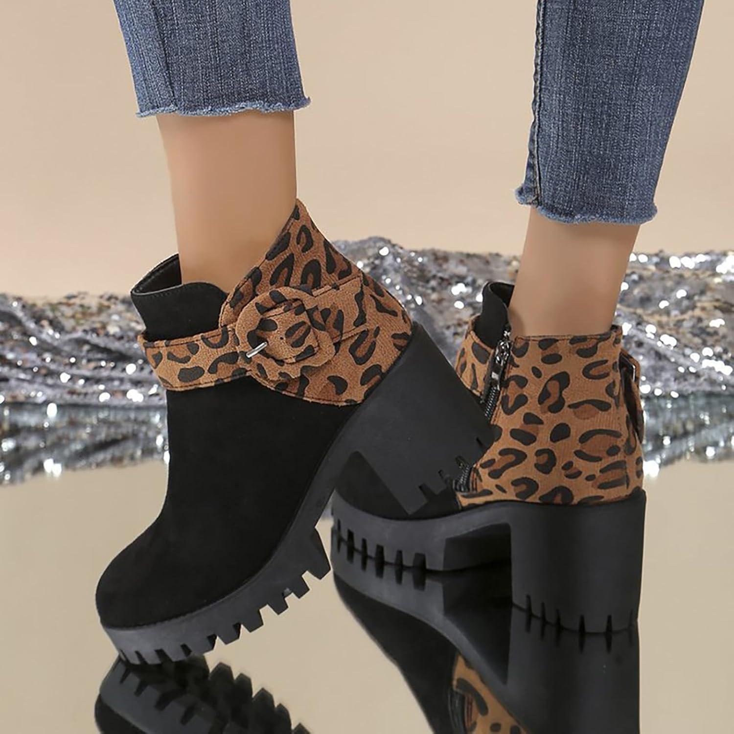 image:imageBottines talon bloc en daim pour femme Bottines avec fermeture clair Bottes courtes Motif lopard Bottes lgantes pour femme Bottes sauteuses marron 43 EU