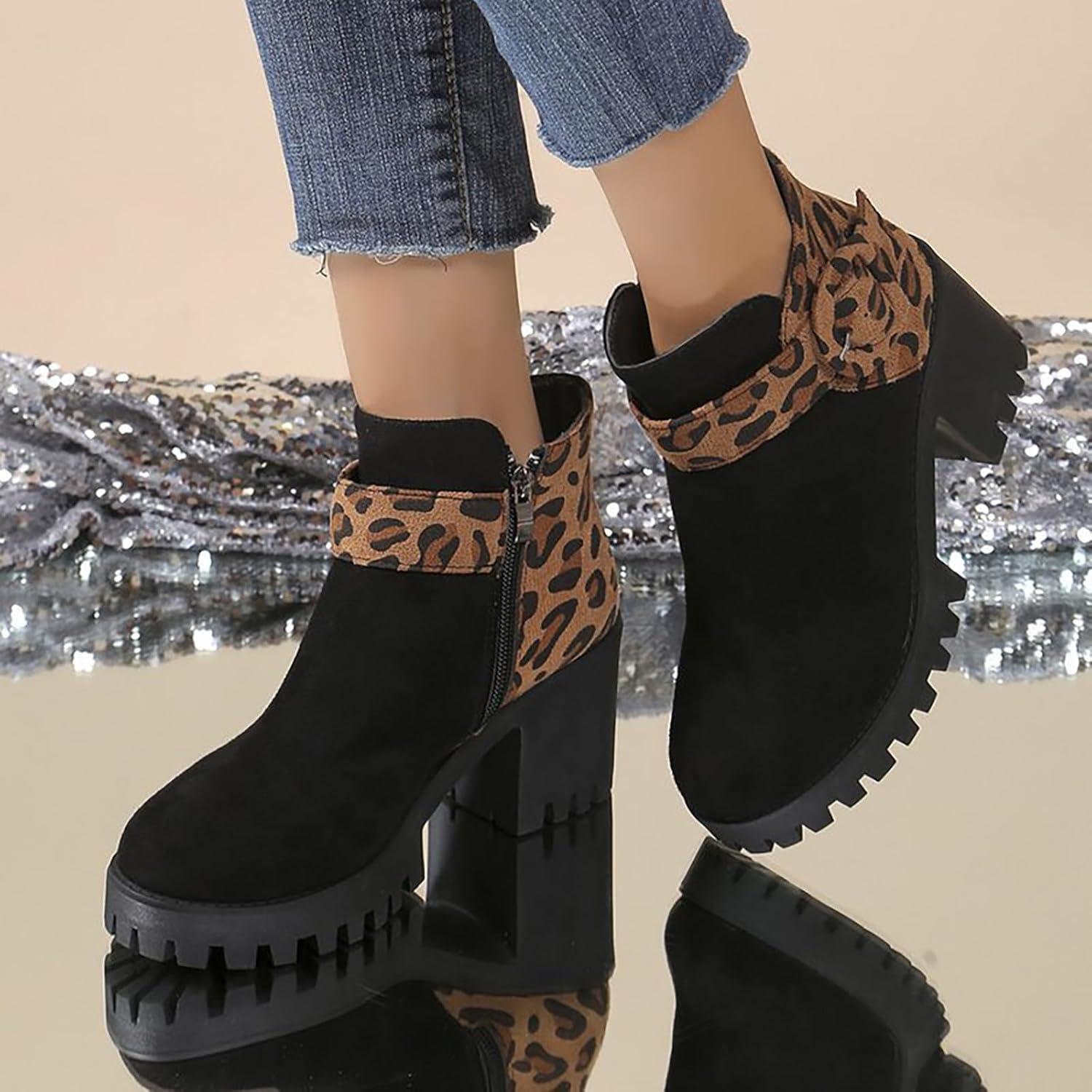 image:imageBottines talon bloc en daim pour femme Bottines avec fermeture clair Bottes courtes Motif lopard Bottes lgantes pour femme Bottes sauteuses marron 43 EU