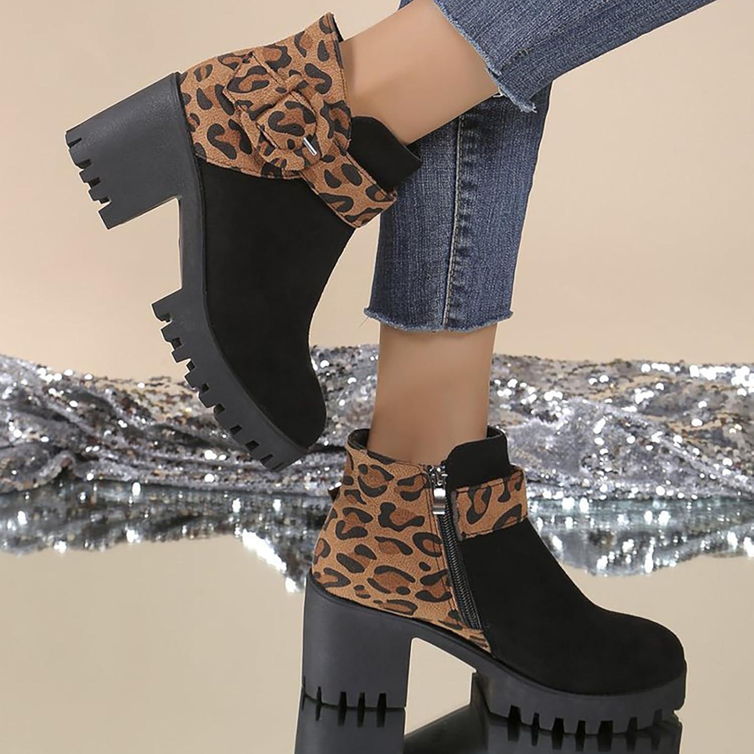 image:imageBottines talon bloc en daim pour femme Bottines avec fermeture clair Bottes courtes Motif lopard Bottes lgantes pour femme Bottes sauteuses marron 43 EU