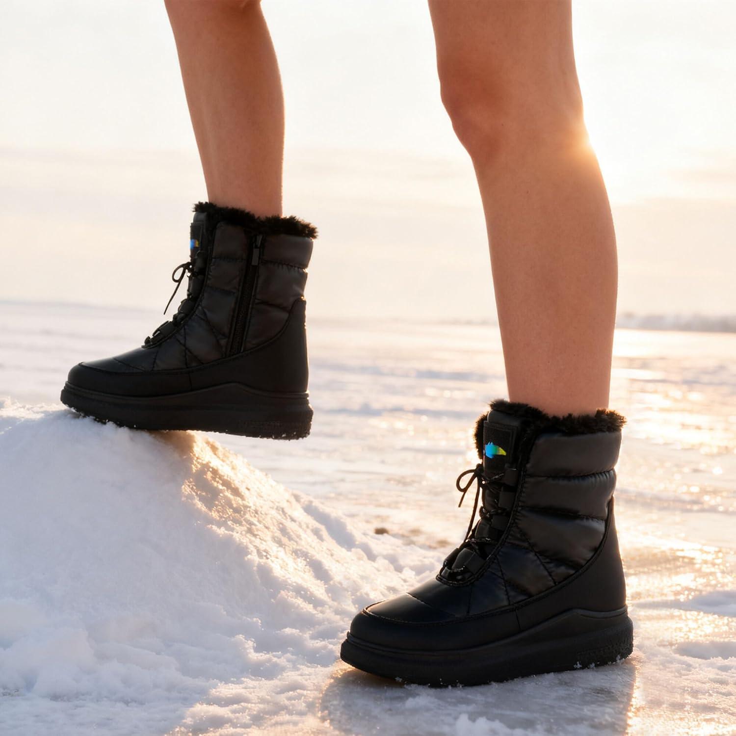 image:imageGLAMORA Bottes de neige dhiver impermables et thermiques avec doublure en fourrure Bottines chaudes antidrapantes et confortables pour le travail la montagne la randonne la ville ou lesNoir