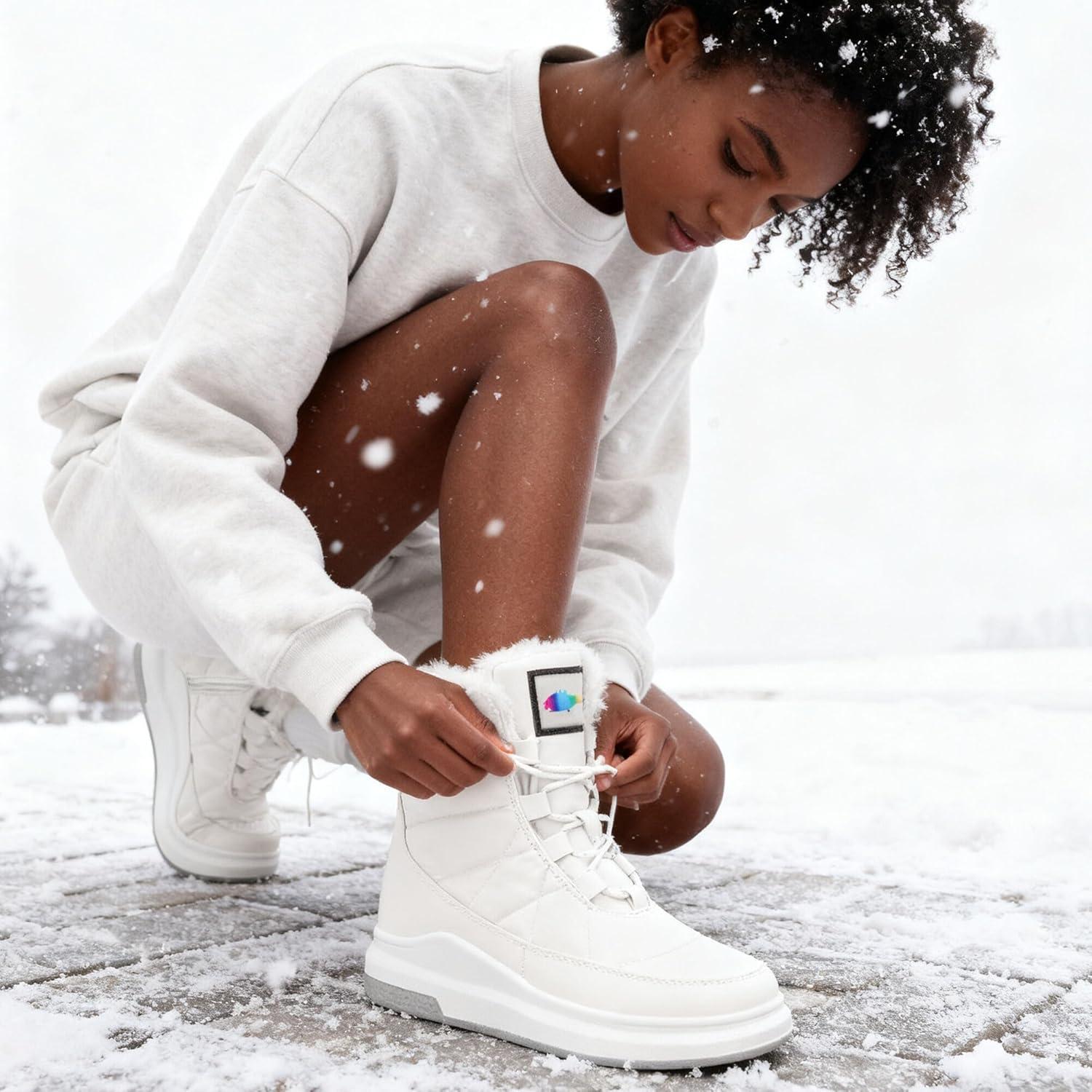image:imageGLAMORA Bottes de neige dhiver impermables et thermiques avec doublure en fourrure Bottines chaudes antidrapantes et confortables pour le travail la montagne la randonne la ville ou lesBlanc