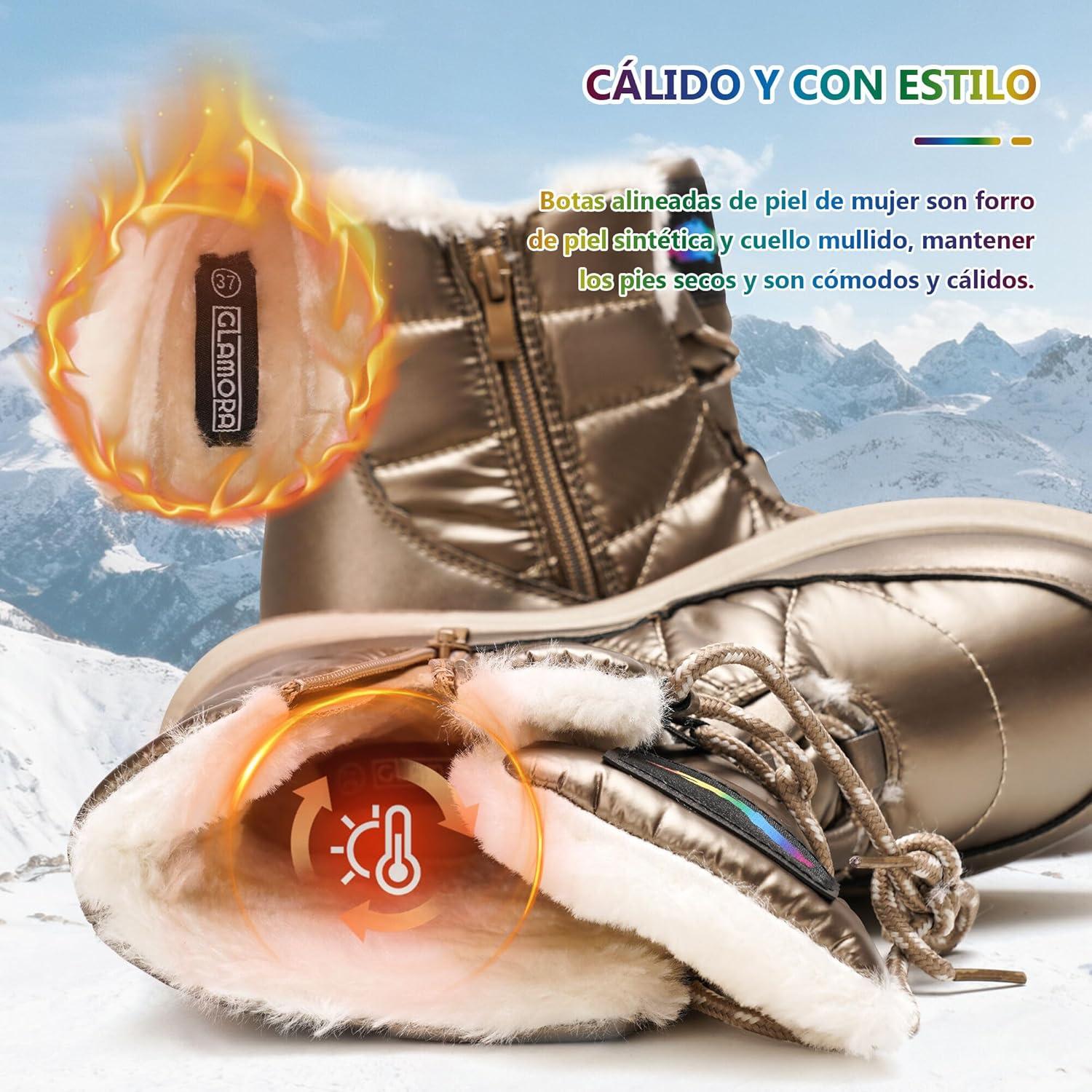 image:imageGLAMORA Bottes de neige dhiver impermables et thermiques avec doublure en fourrure Bottines chaudes antidrapantes et confortables pour le travail la montagne la randonne la ville ou lesBronze