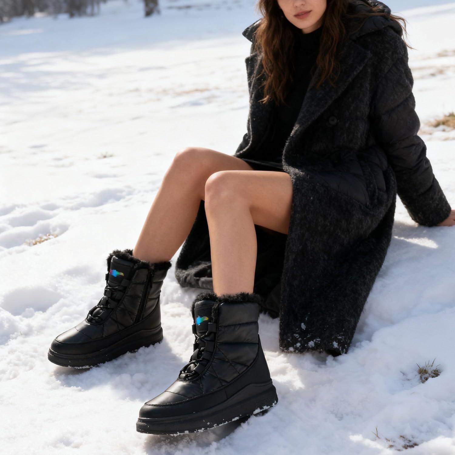 image:imageGLAMORA Bottes de neige dhiver impermables et thermiques avec doublure en fourrure Bottines chaudes antidrapantes et confortables pour le travail la montagne la randonne la ville ou lesNoir