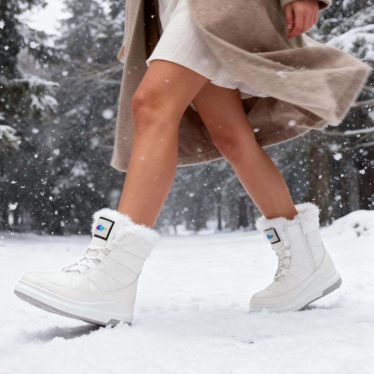image:imageGLAMORA Bottes de neige dhiver impermables et thermiques avec doublure en fourrure Bottines chaudes antidrapantes et confortables pour le travail la montagne la randonne la ville ou lesBlanc