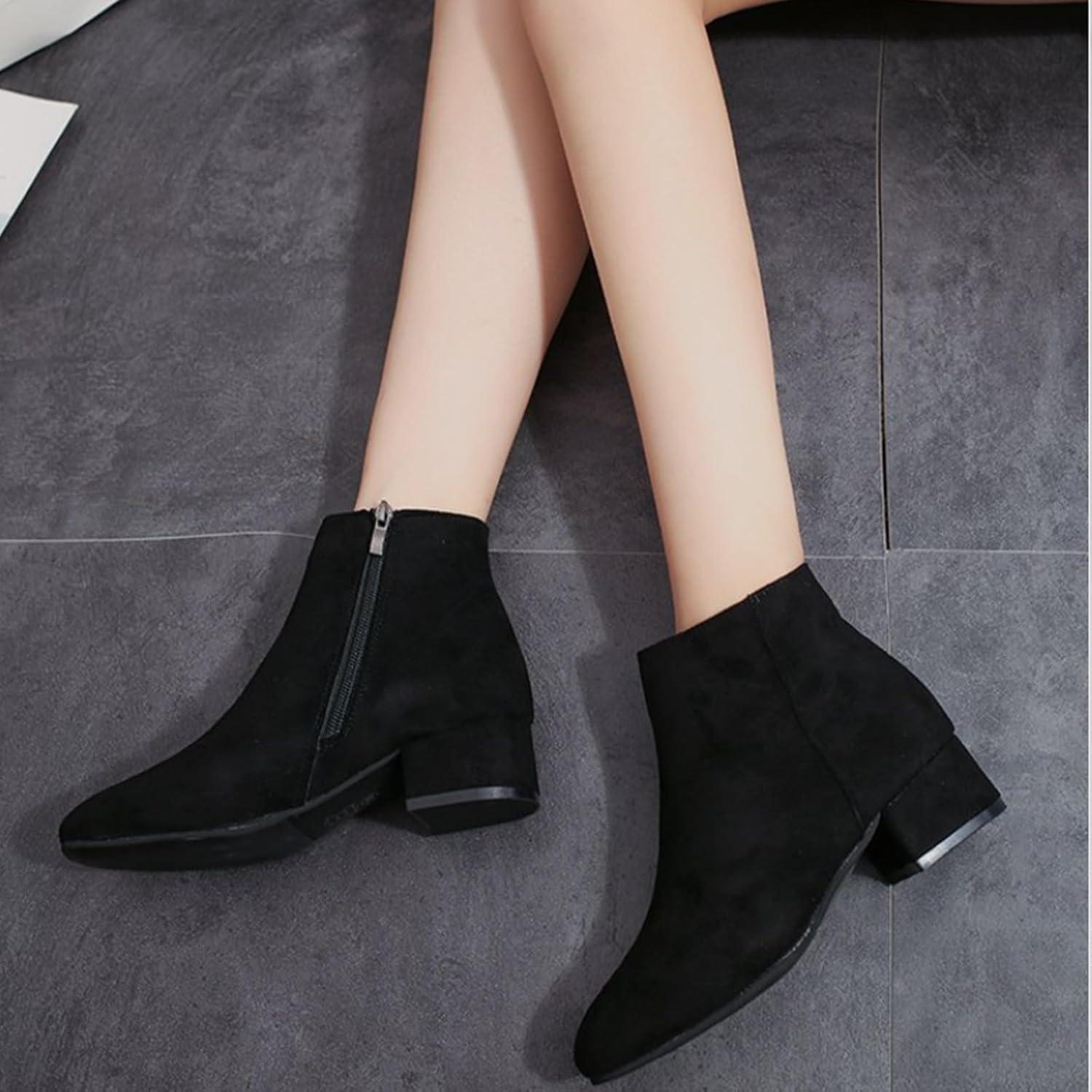image:imageGenerisch Bottines pour femme Bottines de loisirs en daim lgantes Pointues Avec fermeture clair Bottines talon bloc Bottines de transitionNoir