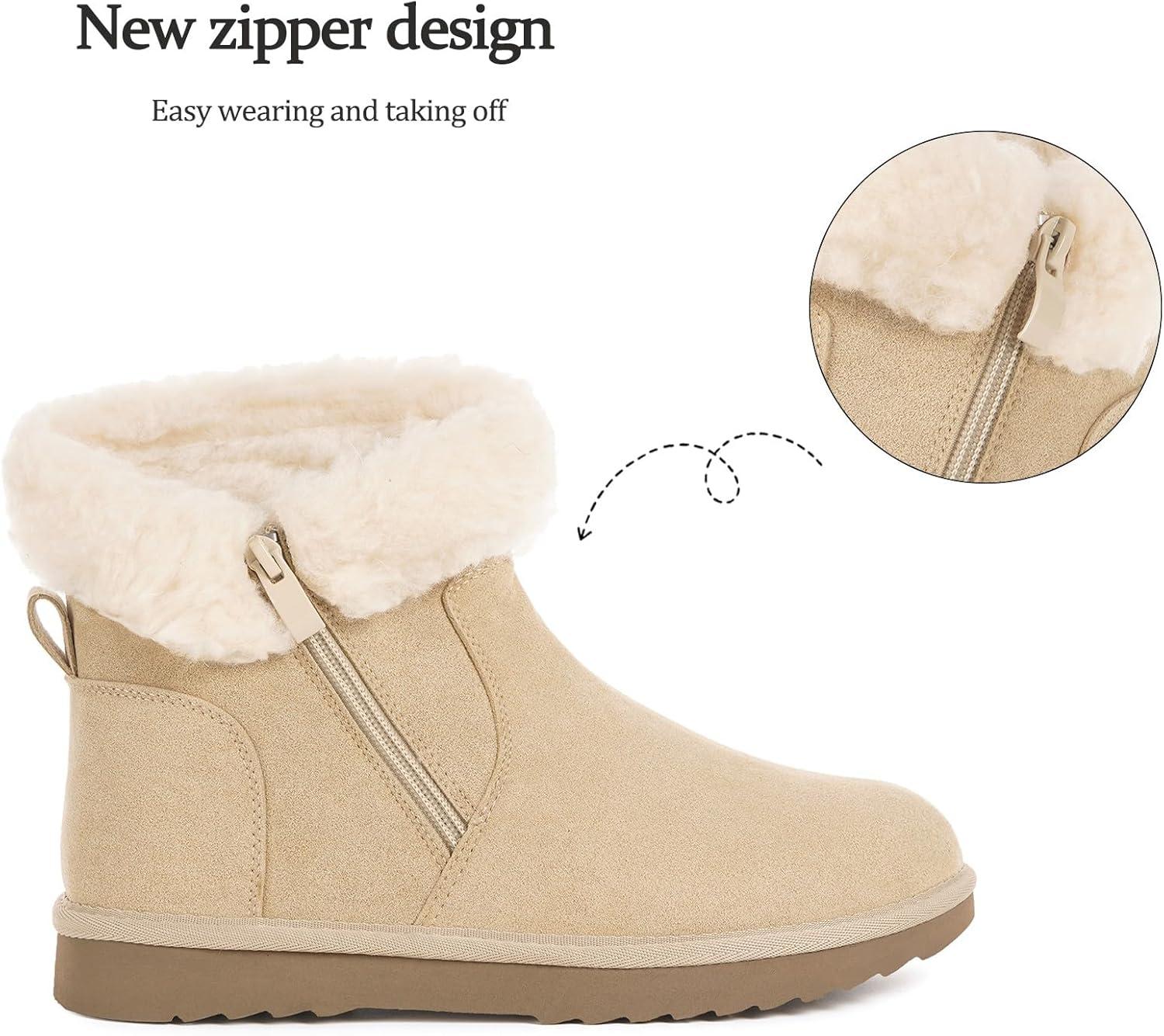 image:imageHsyooes Bottes de Neige pour Femmes Botte de Hiver Impermabl Chaussures Peluche Fourrs Bottines Sude Cuir AntidrapantAbricot