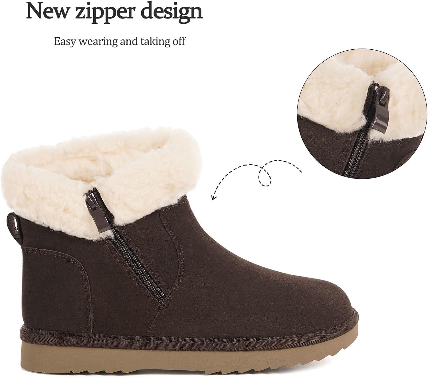 image:imageHsyooes Bottes de Neige pour Femmes Botte de Hiver Impermabl Chaussures Peluche Fourrs Bottines Sude Cuir AntidrapantCaf