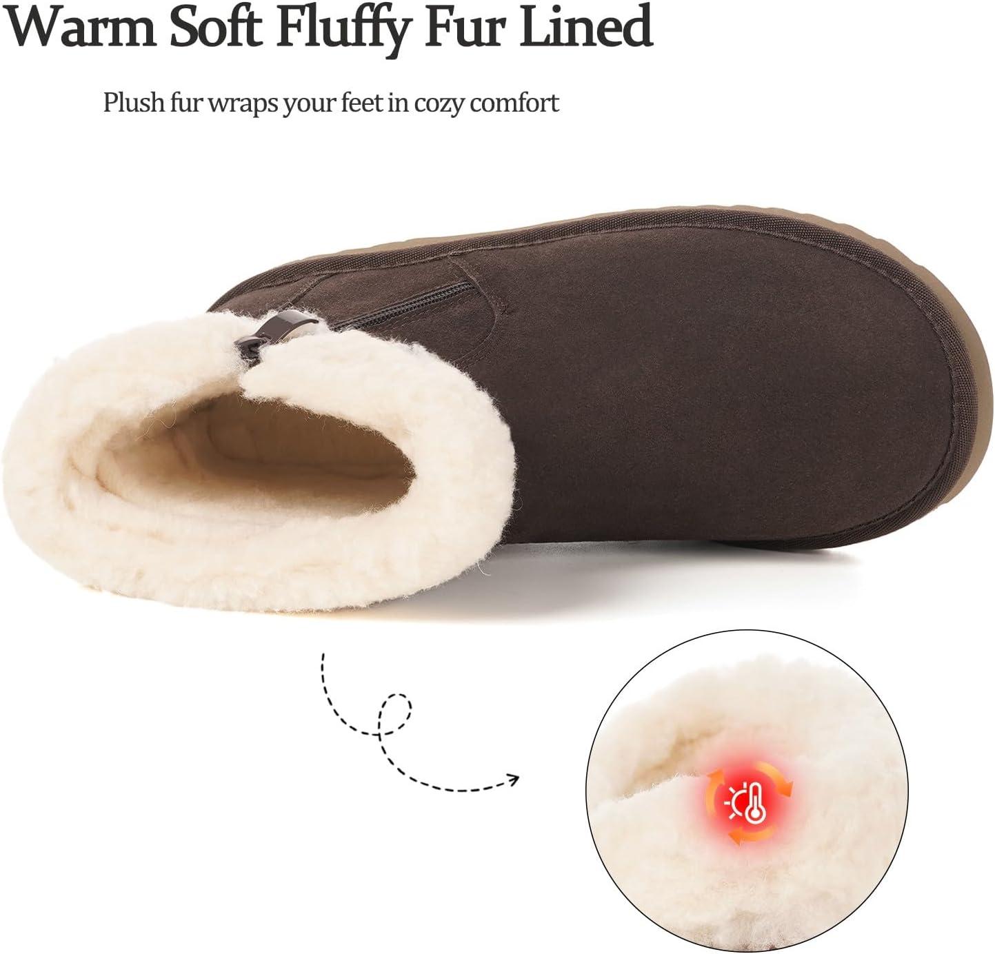 image:imageHsyooes Bottes de Neige pour Femmes Botte de Hiver Impermabl Chaussures Peluche Fourrs Bottines Sude Cuir AntidrapantCaf