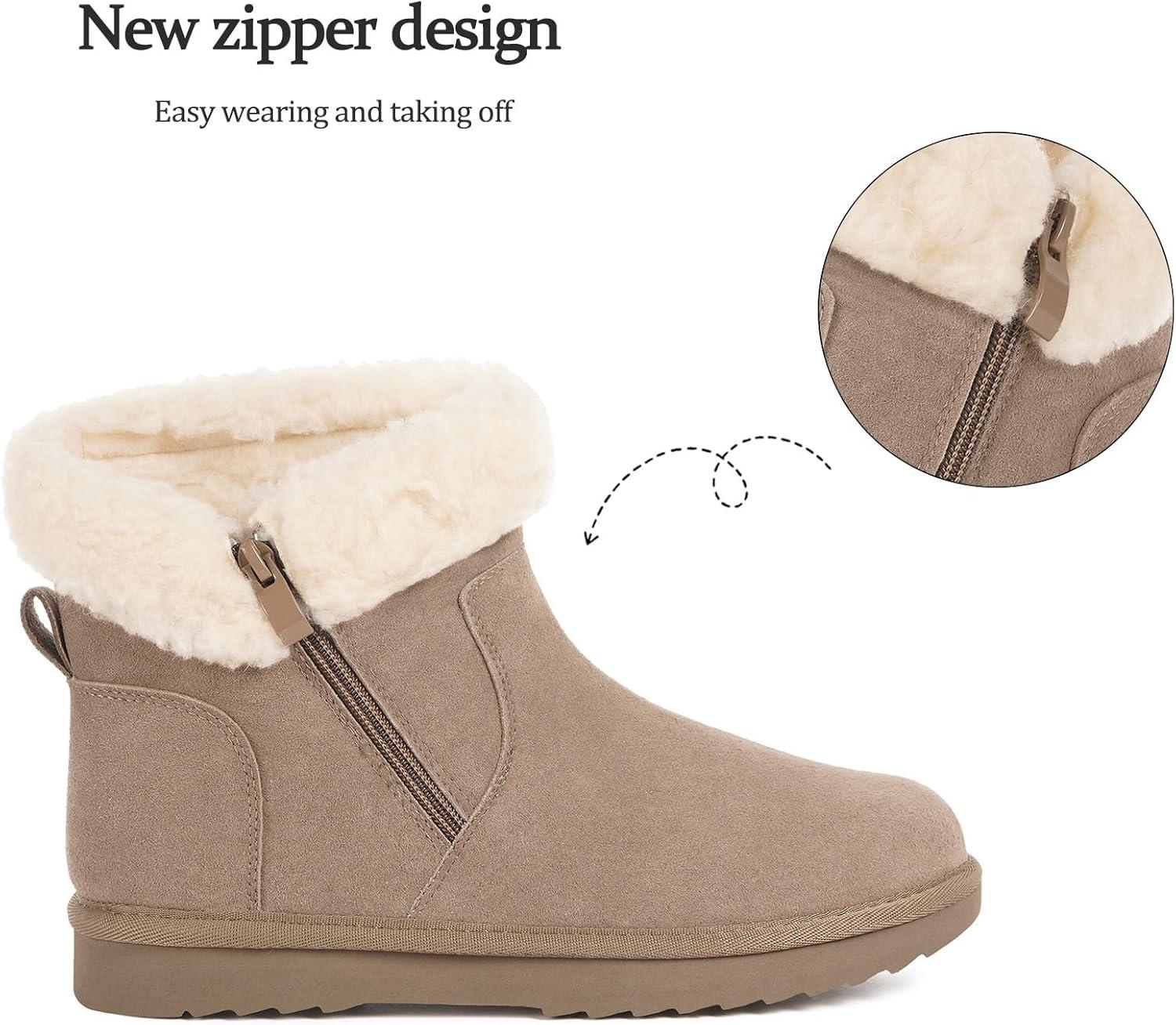 image:imageHsyooes Bottes de Neige pour Femmes Botte de Hiver Impermabl Chaussures Peluche Fourrs Bottines Sude Cuir AntidrapantKaki