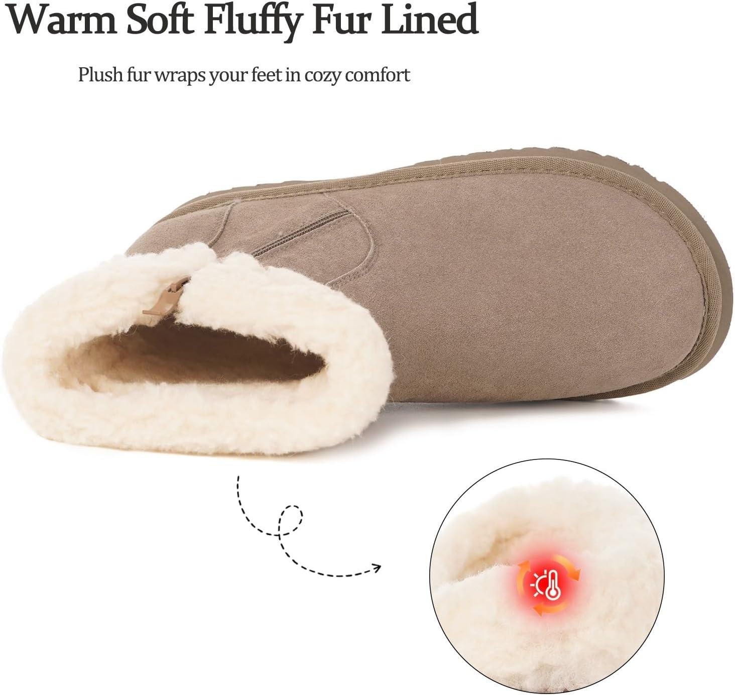 image:imageHsyooes Bottes de Neige pour Femmes Botte de Hiver Impermabl Chaussures Peluche Fourrs Bottines Sude Cuir AntidrapantKaki