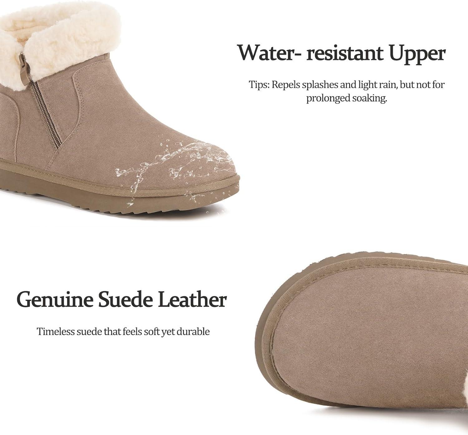 image:imageHsyooes Bottes de Neige pour Femmes Botte de Hiver Impermabl Chaussures Peluche Fourrs Bottines Sude Cuir AntidrapantKaki