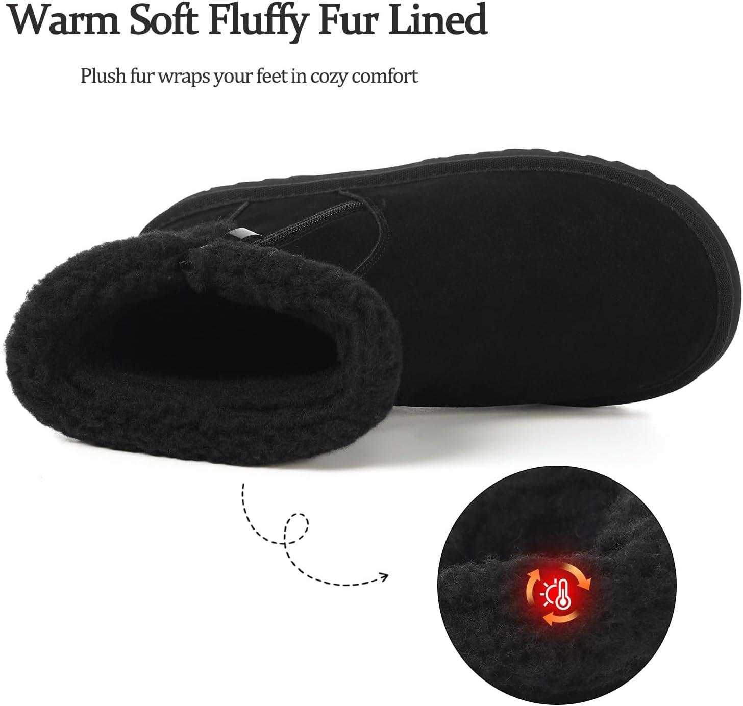 image:imageHsyooes Bottes de Neige pour Femmes Botte de Hiver Impermabl Chaussures Peluche Fourrs Bottines Sude Cuir AntidrapantNoir