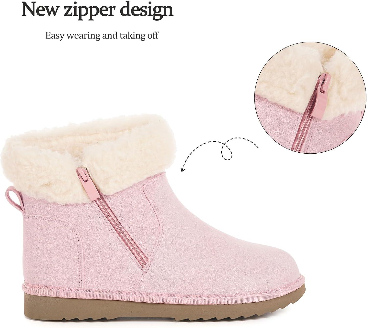 image:imageHsyooes Bottes de Neige pour Femmes Botte de Hiver Impermabl Chaussures Peluche Fourrs Bottines Sude Cuir AntidrapantRose