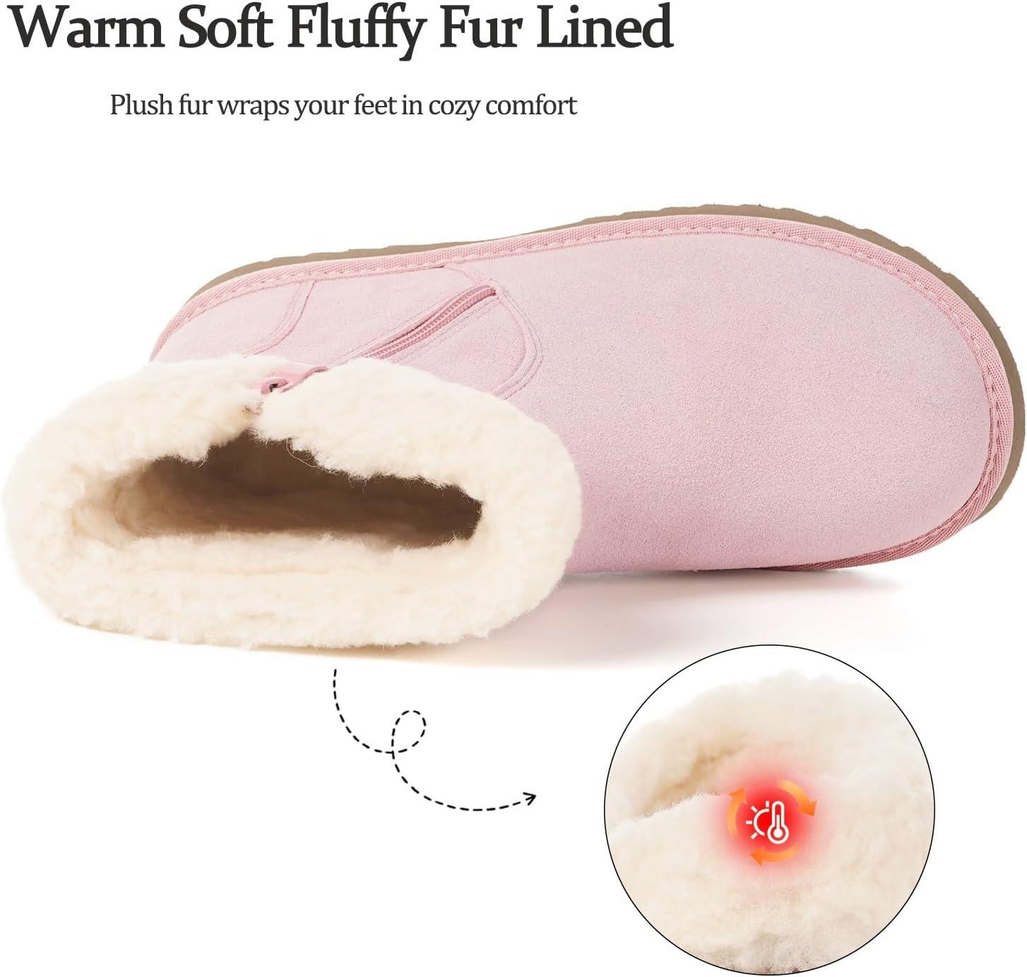 image:imageHsyooes Bottes de Neige pour Femmes Botte de Hiver Impermabl Chaussures Peluche Fourrs Bottines Sude Cuir AntidrapantRose