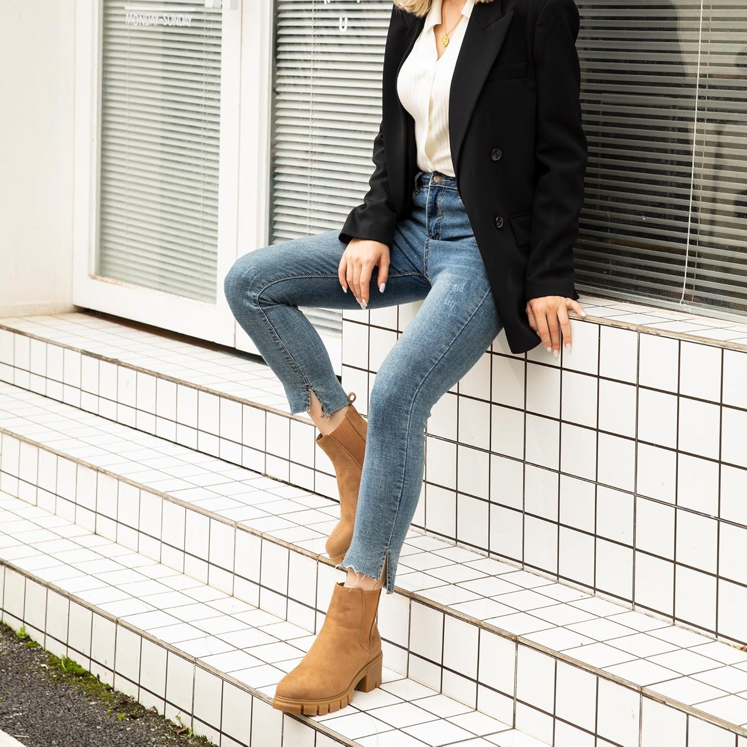 image:imageJABASIC Chelsea Boots pour femmes bottes plateau lastiques glisserMarron Clair