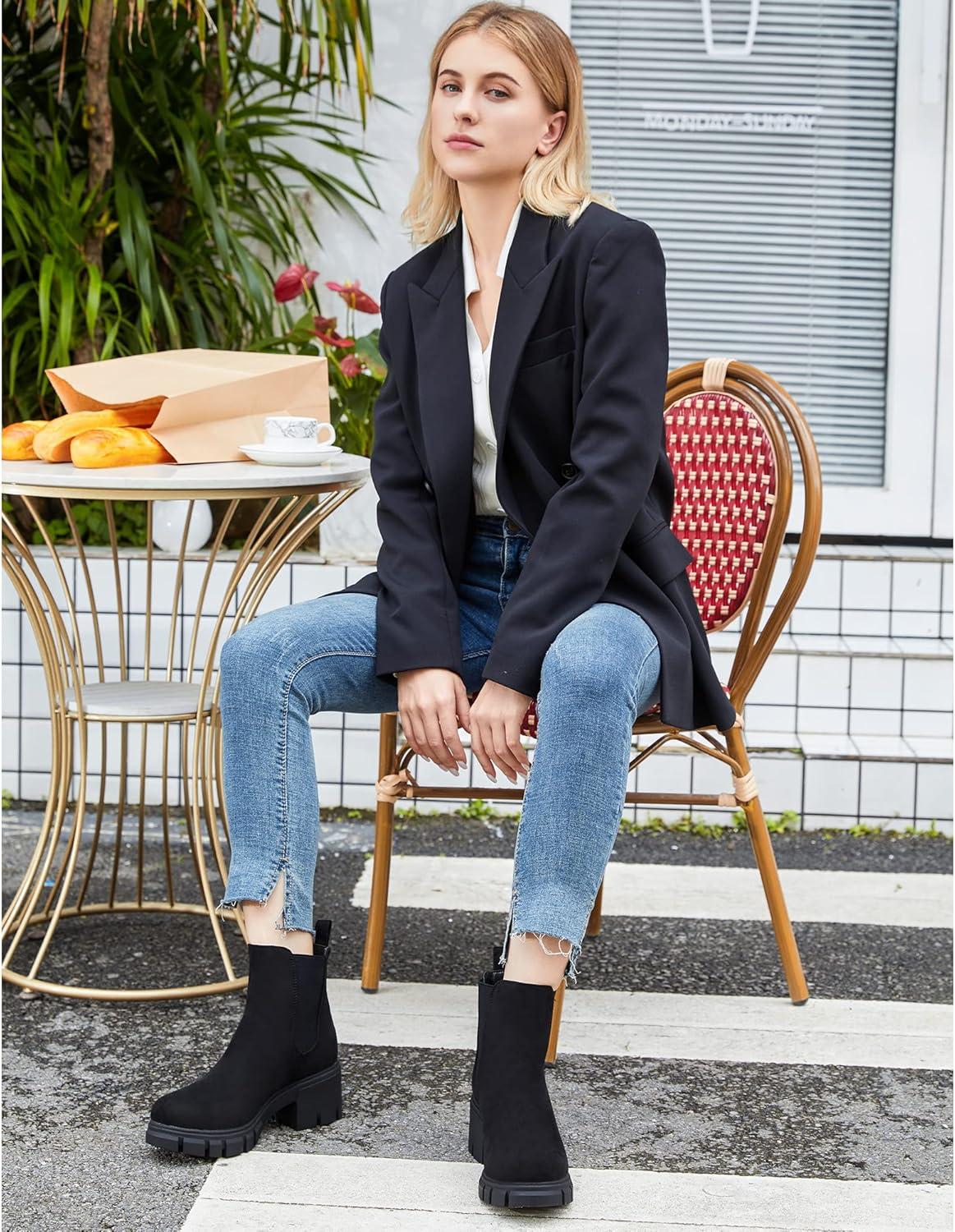 image:imageJABASIC Chelsea Boots pour femmes bottes plateau lastiques glisserNoir en Daim