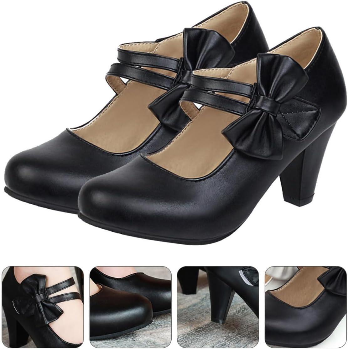 image:imageTEHAUX Escarpins Femme Talon Compens pais Bouts Lgrement Brids Couleur Noire Taille 37 Chaussures Nud Dcoratif lgantes pour Soire et Marche Confortable