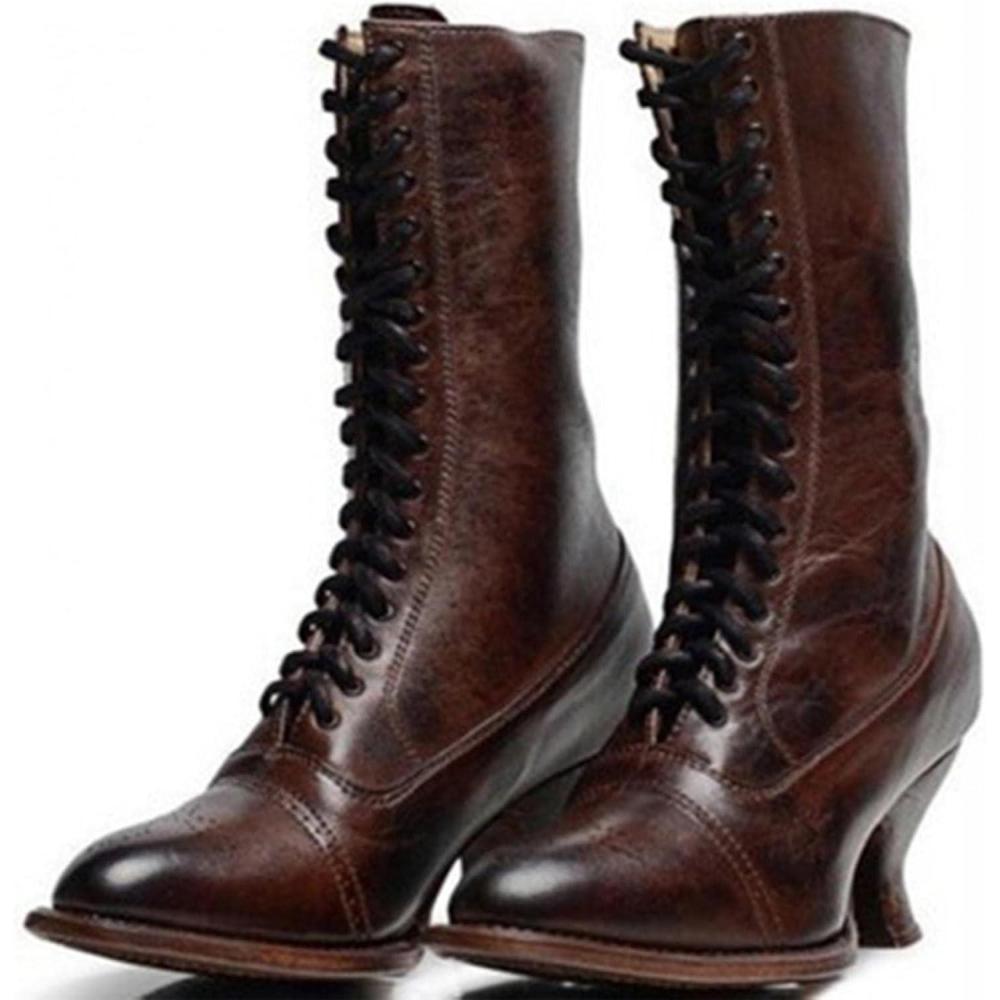 image:imageBottes lacets pour femme longueur mollet bottes victoriennes en cuir talon Louis pour femme bottines vintage steampunk gothiqueMarron