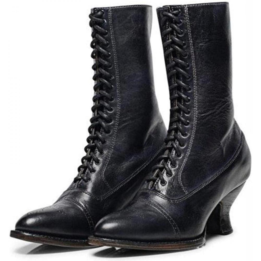 image:imageBottes lacets pour femme longueur mollet bottes victoriennes en cuir talon Louis pour femme bottines vintage steampunk gothiqueNoir