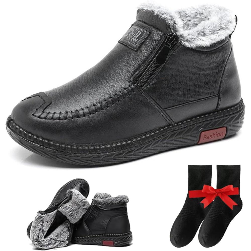 image:imageBottes de Neige Femme Impermable Hiver Confortable Bottes Fourres Femme Antidrapant Chaussures Femme Pieds Larges Bottes de NeigeNoir