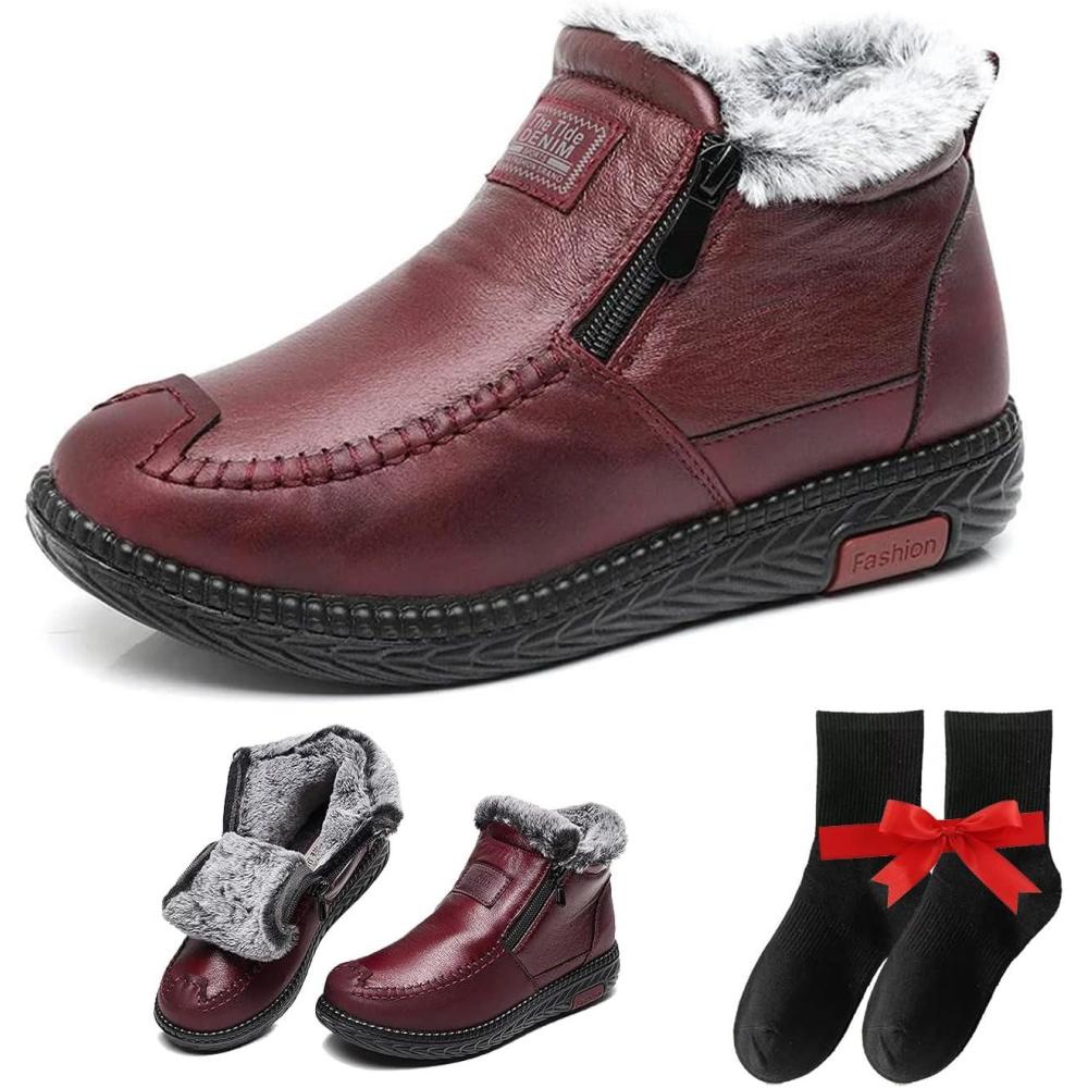 image:imageBottes de Neige Femme Impermable Hiver Confortable Bottes Fourres Femme Antidrapant Chaussures Femme Pieds Larges Bottes de NeigeRouge