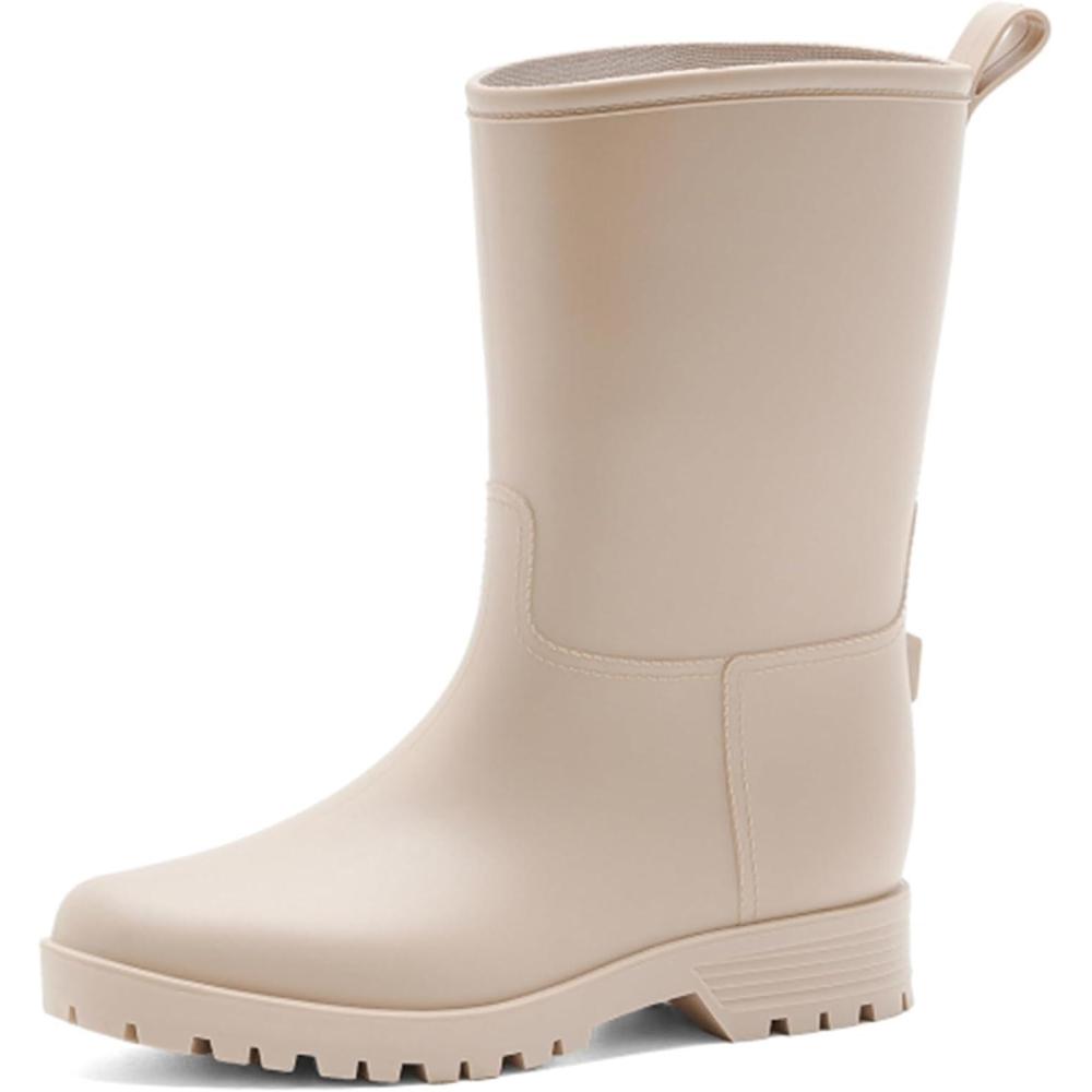 image:imageBottes de Pluie Chic pour Femmes Bottes en Caoutchouc Botte Tendance et Elgante Bottines de Pluie Antidrapant et Durable Jardin BootsBeige