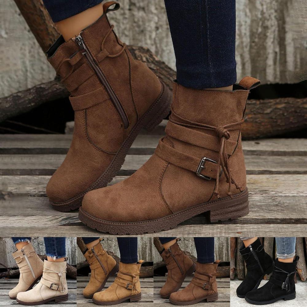image:imageBottine Femme Bottines Bottes De Pluie Fourres Chaussure Confortable Botte Moto Boots Chaussures Noires Noir Femmes Cuir Et Elegante Pieds Larges pour Talon Caoutchouc Compenses
