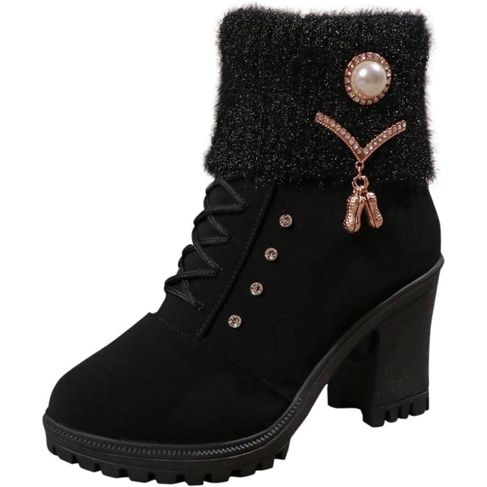 image:imageBottine Femme En Daim Talon lgant Bottines Doublure Polaire Avec Fermeture clair Et Lacets Bottes De Basses Chaud Hiver Confortables Chaussures Bottes Talons pais Boots De LoisirsLe Noir
