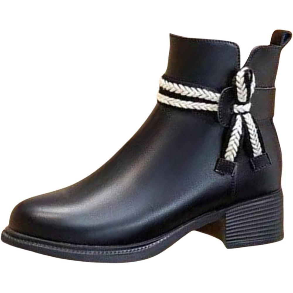 image:imageBottines blanches pour femme talon bloc tendance lgantes pour femme talon britannique cuir lger lgant et polyvalent botte en cuir avec fermeture clair latrale tendance bout rond dcontractNoir