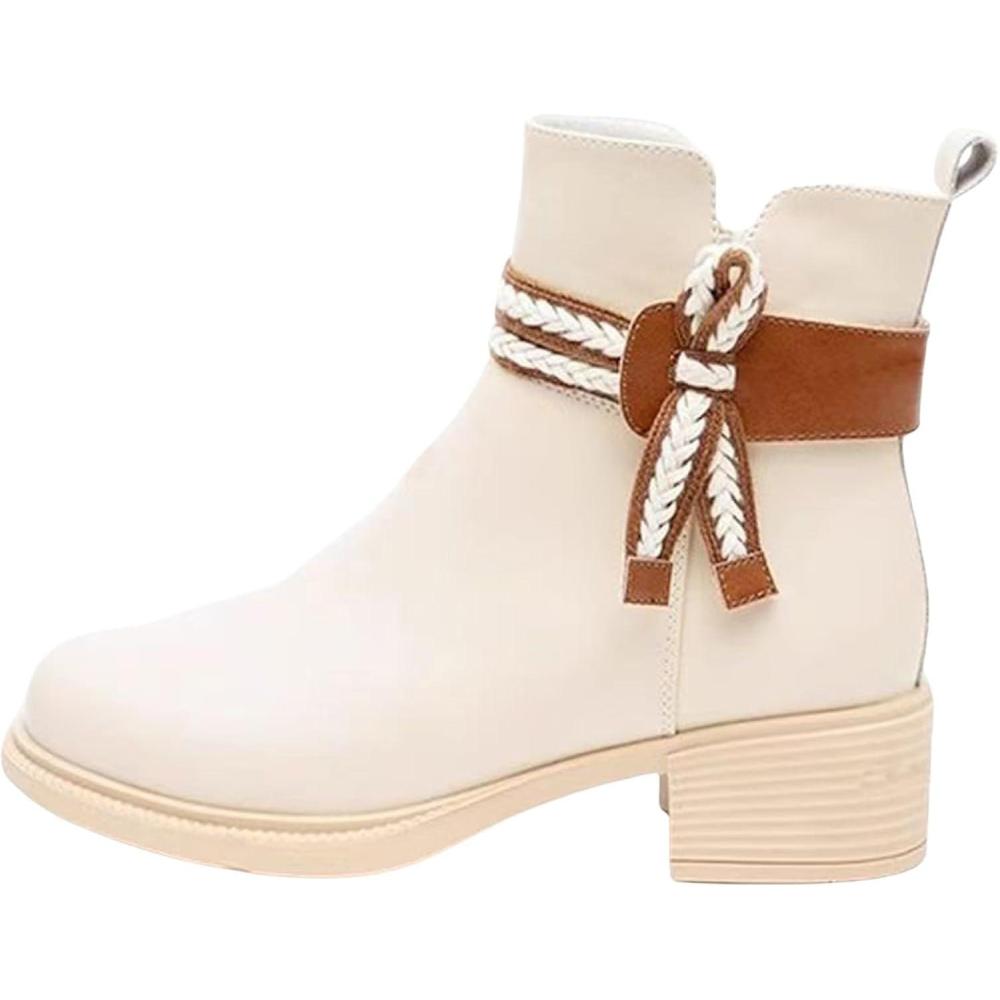 image:imageBottines blanches pour femme talon bloc tendance lgantes pour femme talon britannique cuir lger lgant et polyvalent botte en cuir avec fermeture clair latrale tendance bout rond dcontractBlanc