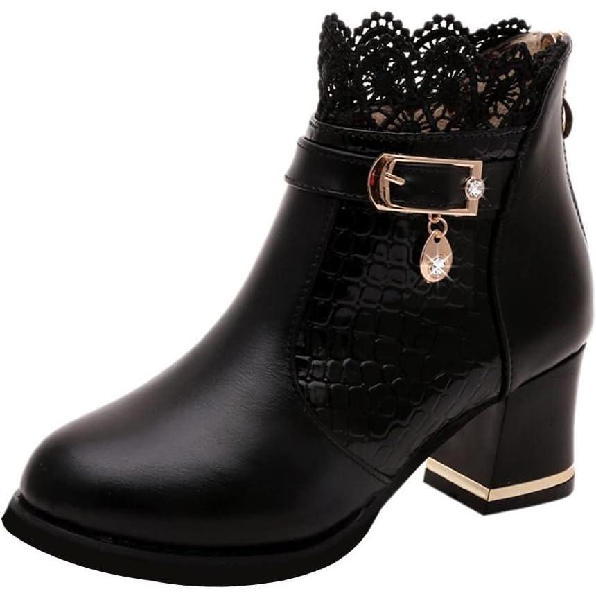 image:imageBottines de marche impermables pour femme Coupe large Style dcontract vintage confortable Dentelle lgante enfiler Talon haut Bottines Chelsea pour le travail en plein airNoir