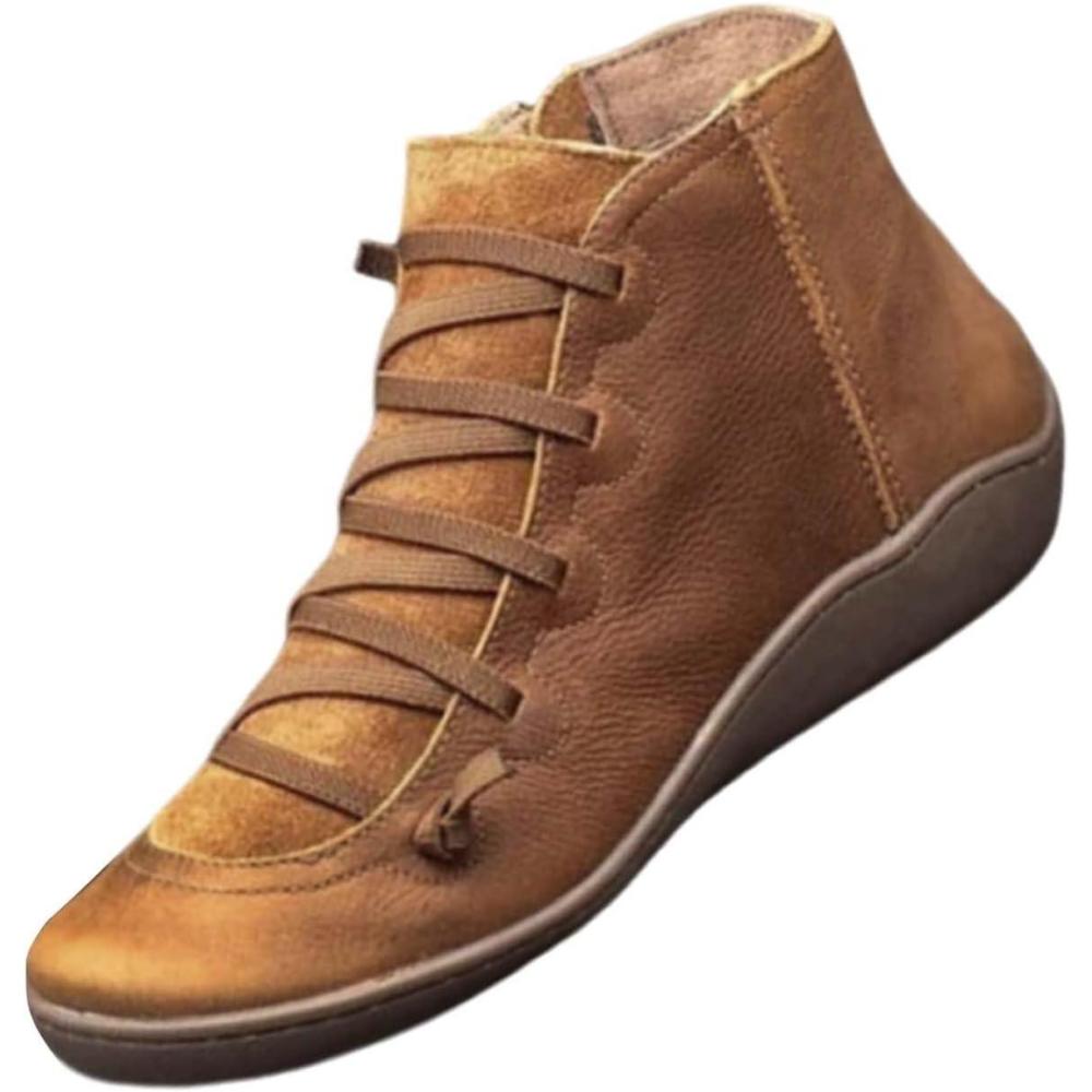 image:imageBottines larges pour femme en cuir de couleur unie grande taille avec fermeture clair latrale haut haut lgant et polyvalent bottes de marche dcontractes  enfilerMarron