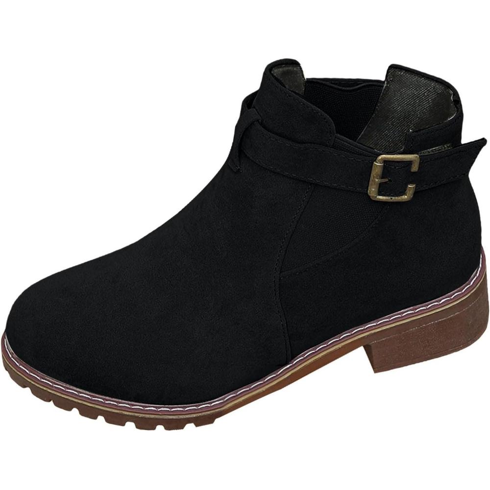 image:imageBottines pour femme avec boucles Bottes dhiver classiques chaudes Bottes de transition Bottes Chelsea Bottines lgantes pour lautomne et lhiverNoir