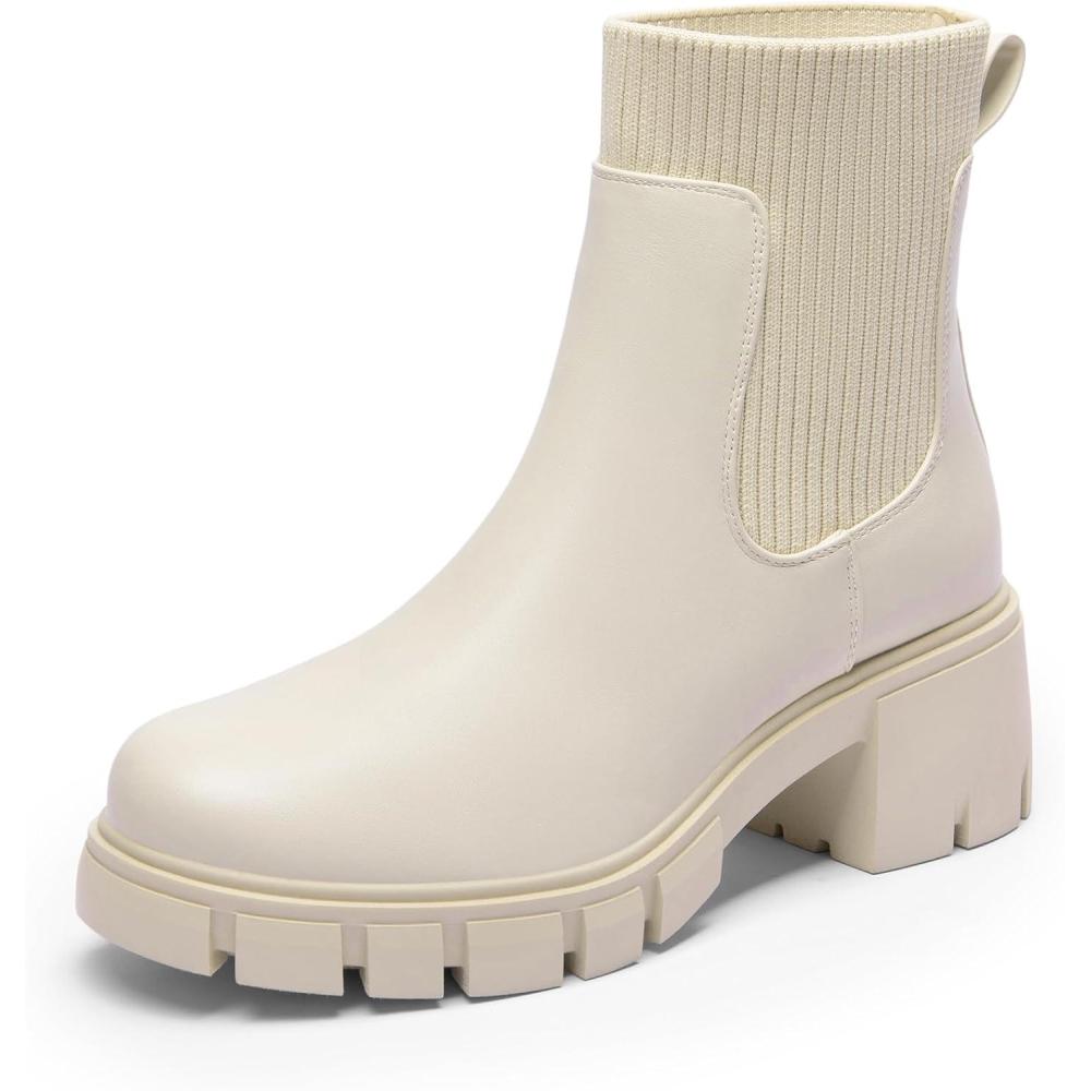 image:imageDREAM PAIRS Bottines Chelsea pour Femmes Boots Talons Larges Bottes ConfortableBeige