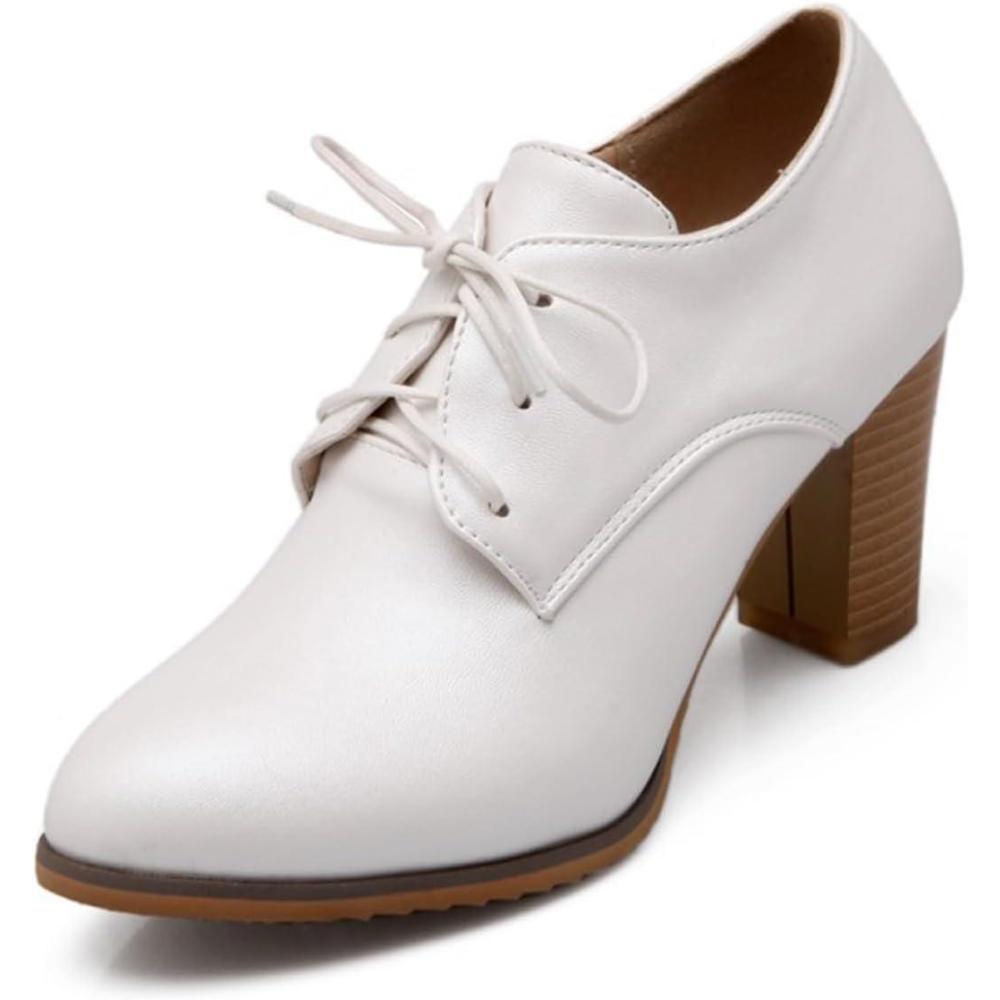 image:imageEscarpins Oxford Lacets en Cuir PU pour Femme Bout Rond Talon Bloc pais Style Vintage pour Travail et Occasions spcialesWhite