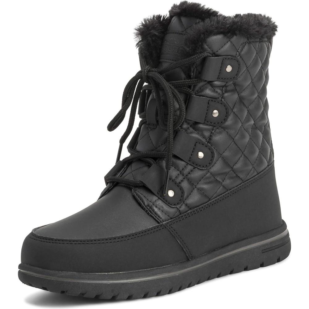 image:imageFemmes Doublure Polaire Neige Hiver Impermable Randonne Durable BottinesNoir Cuir Quilted