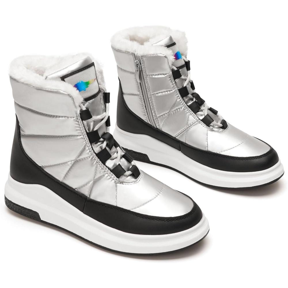 image:imageGLAMORA Bottes de neige dhiver impermables et thermiques avec doublure en fourrure Bottines chaudes antidrapantes et confortables pour le travail la montagne la randonne la ville ou lesArgent Mtallique