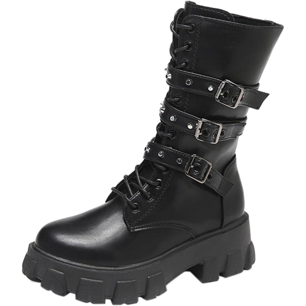 image:imageGenerisch Bottines pour femme Plateforme gothique Vernies Bottines plates avec talon bloc Bout rond Bottes de moto punk Fond pais Cuir synthtique Lacets avec boucle Longue tigeNoir