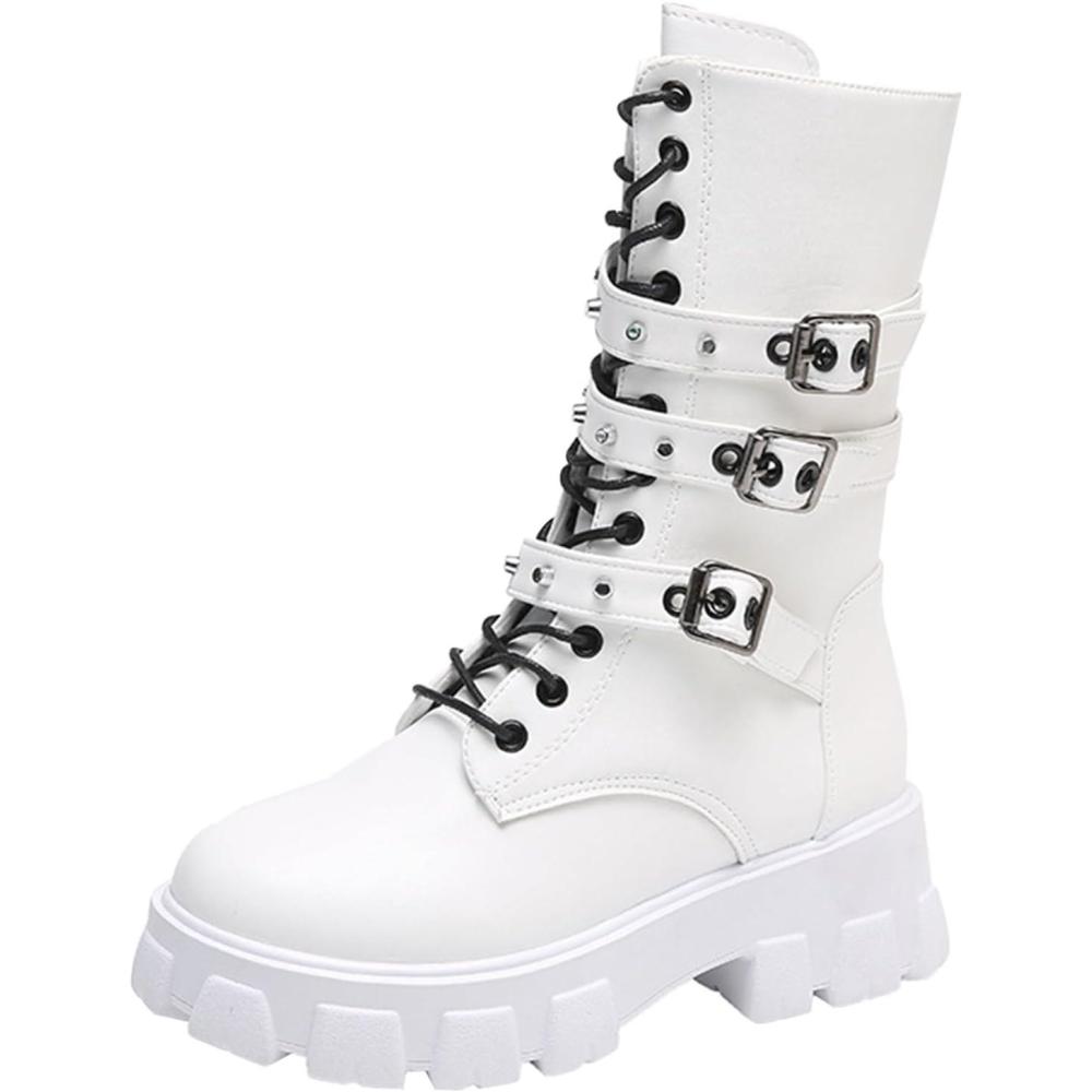 image:imageGenerisch Bottines pour femme  Plateforme gothique  Vernies  Bottines plates avec talon bloc  Bout rond  Bottes de moto punk  Fond pais  Cuir synthtique  Lacets avec boucle  Longue tigeBlanc