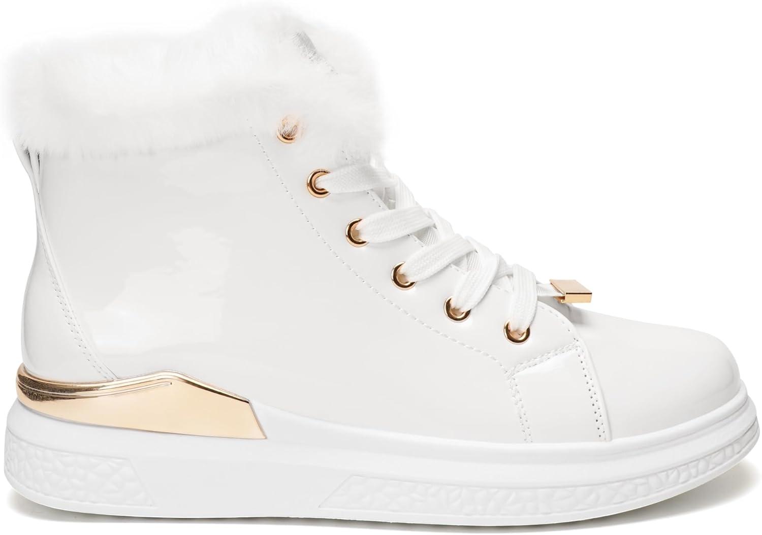 image:imageGLAMORA Bottines chaudes dhiver pour femmes Baskets antidrapantes bottes impermables fermeture clair intrieure bottines confortables lacets pour la marche en extrieurWhite With Gold Accessories