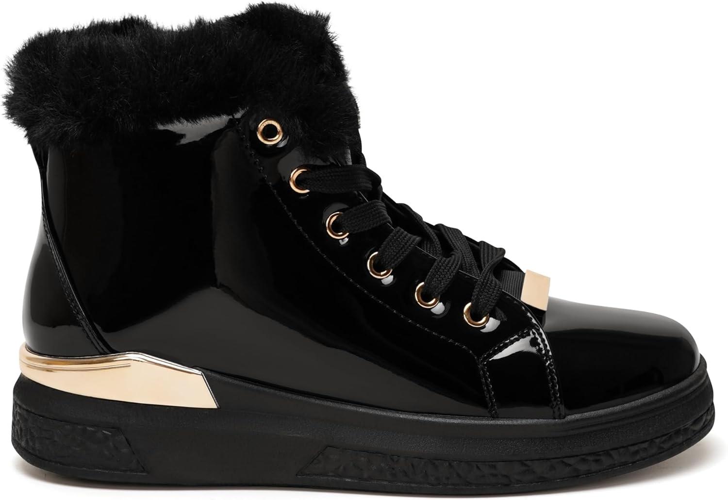 image:imageGLAMORA Bottines chaudes dhiver pour femmes Baskets antidrapantes bottes impermables fermeture clair intrieure bottines confortables lacets pour la marche en extrieurBlack With Gold Accessories