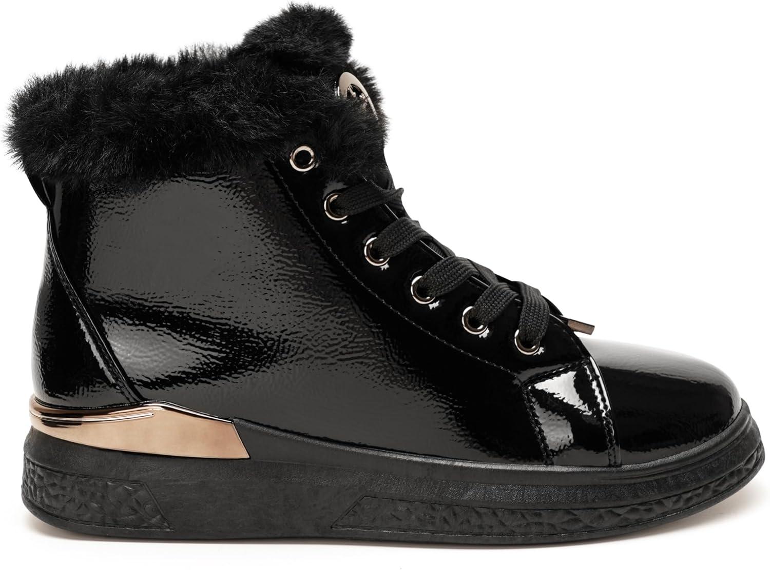 image:imageGLAMORA Bottines chaudes dhiver pour femmes Baskets antidrapantes bottes impermables fermeture clair intrieure bottines confortables lacets pour la marche en extrieurGlossy Textured Black