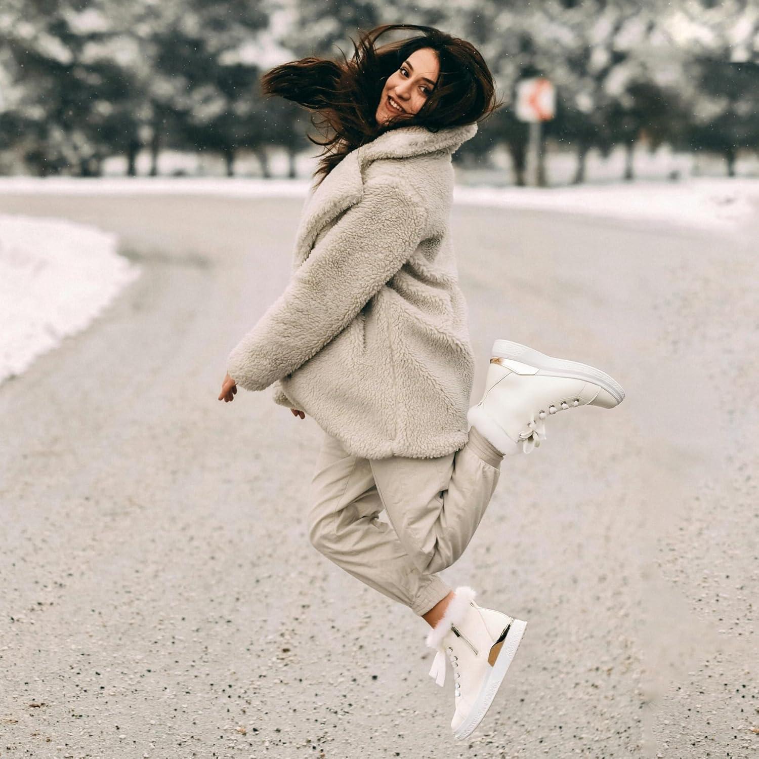 image:imageGLAMORA Bottines chaudes dhiver pour femmes Baskets antidrapantes bottes impermables fermeture clair intrieure bottines confortables lacets pour la marche en extrieurWhite With Gold Accessories