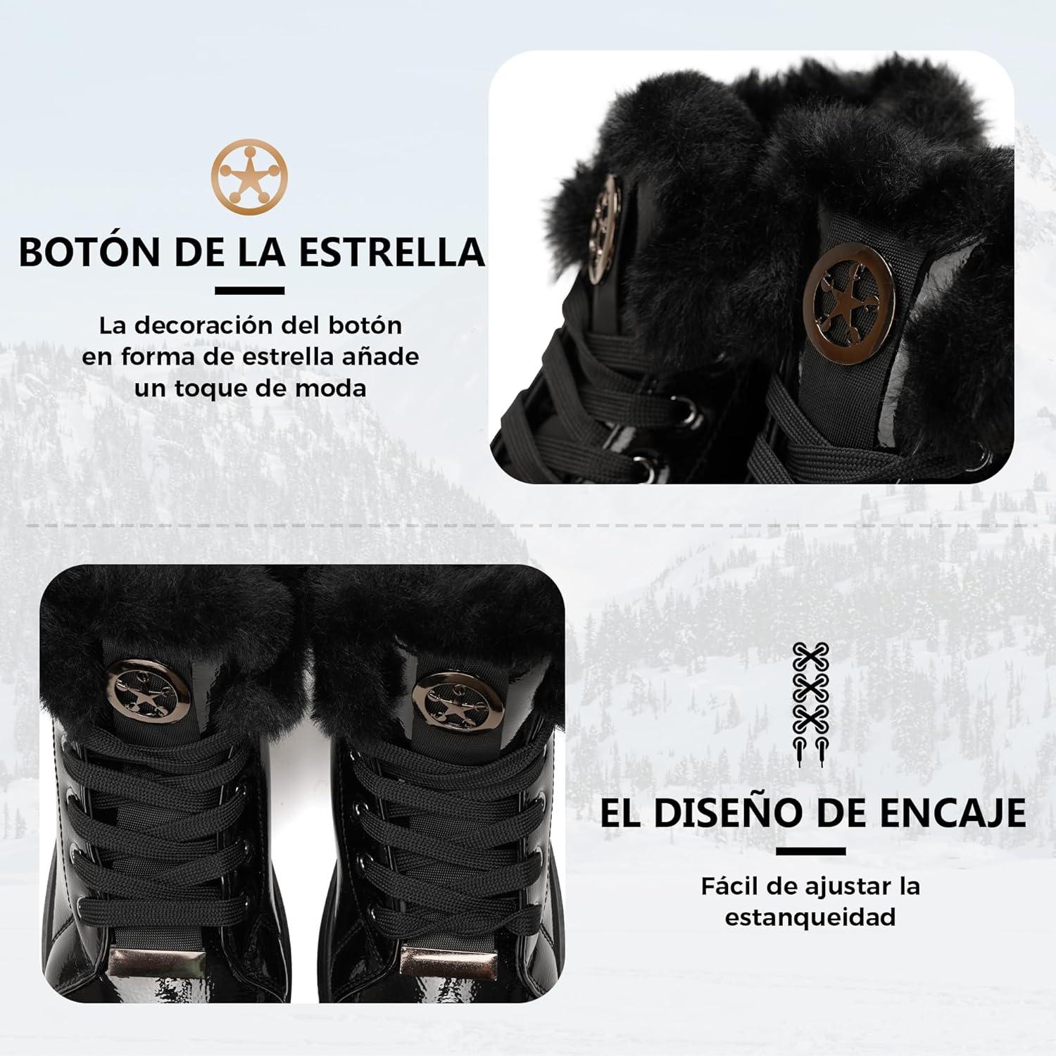image:imageGLAMORA Bottines chaudes dhiver pour femmes Baskets antidrapantes bottes impermables fermeture clair intrieure bottines confortables lacets pour la marche en extrieurGlossy Textured Black
