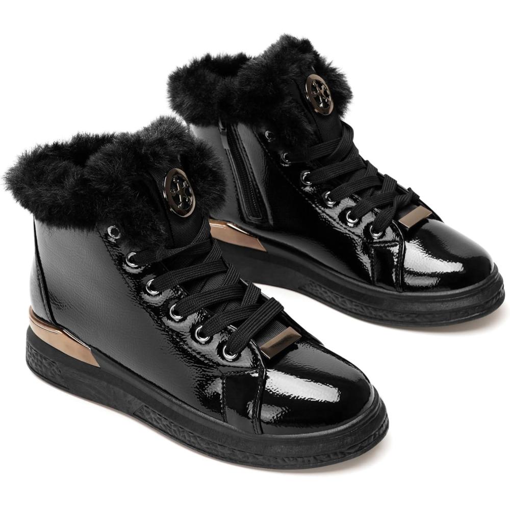 image:imageGLAMORA Bottines chaudes dhiver pour femmes Baskets antidrapantes bottes impermables fermeture clair intrieure bottines confortables lacets pour la marche en extrieurGlossy Textured Black