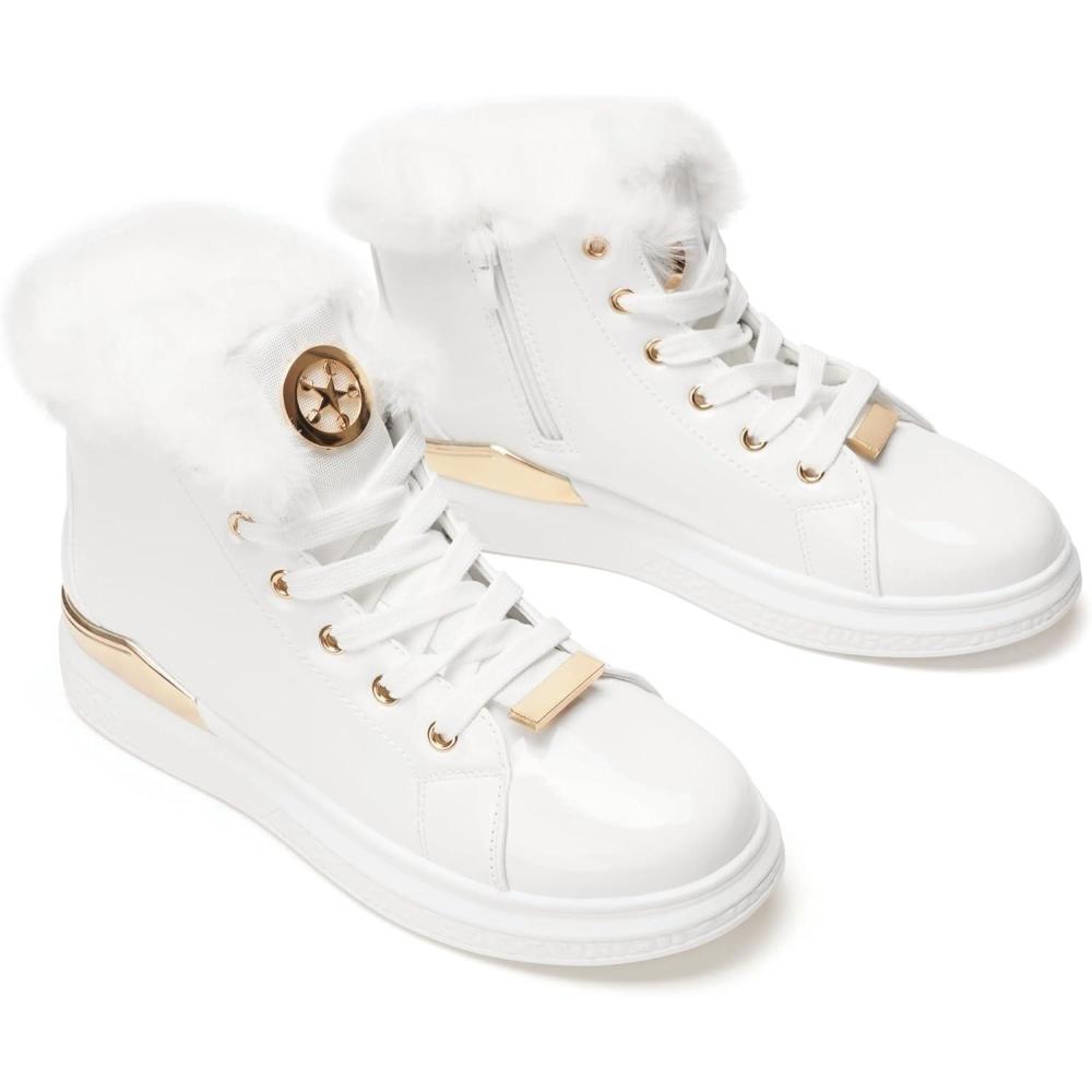 image:imageGLAMORA Bottines chaudes dhiver pour femmes Baskets antidrapantes bottes impermables fermeture clair intrieure bottines confortables lacets pour la marche en extrieurWhite With Gold Accessories