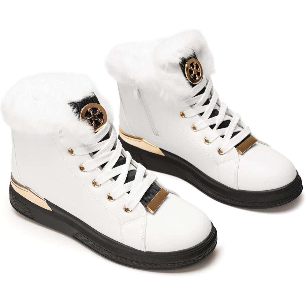 image:imageGLAMORA Bottines chaudes dhiver pour femmes Baskets antidrapantes bottes impermables fermeture clair intrieure bottines confortables lacets pour la marche en extrieurBlack White